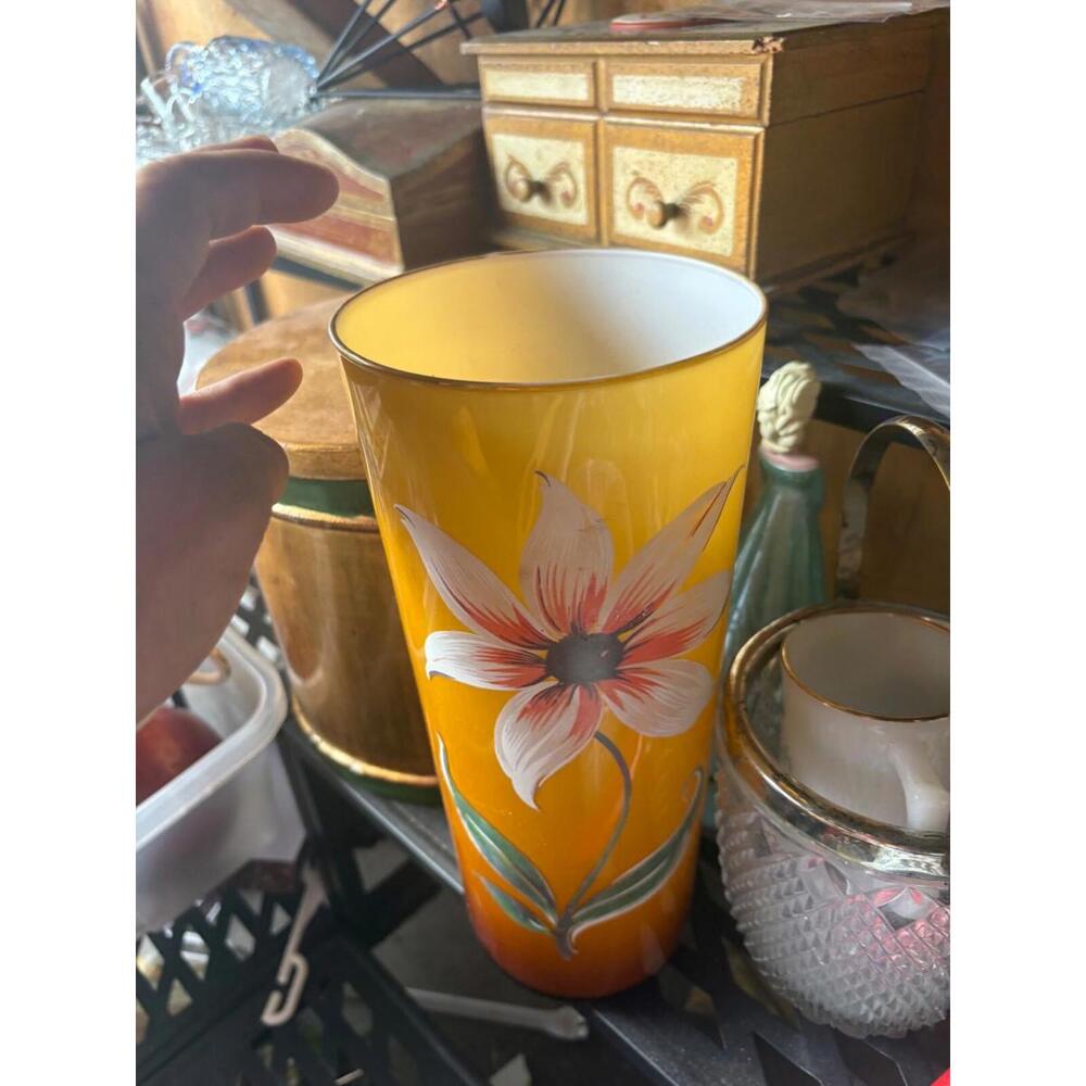 Vintage Toscany Glass Vase, White/Orange Flower, Gold Rim, Made in Italy
